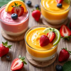 Mousses de frutas cremosas e refrescantes em mesa de verão ensolarada.