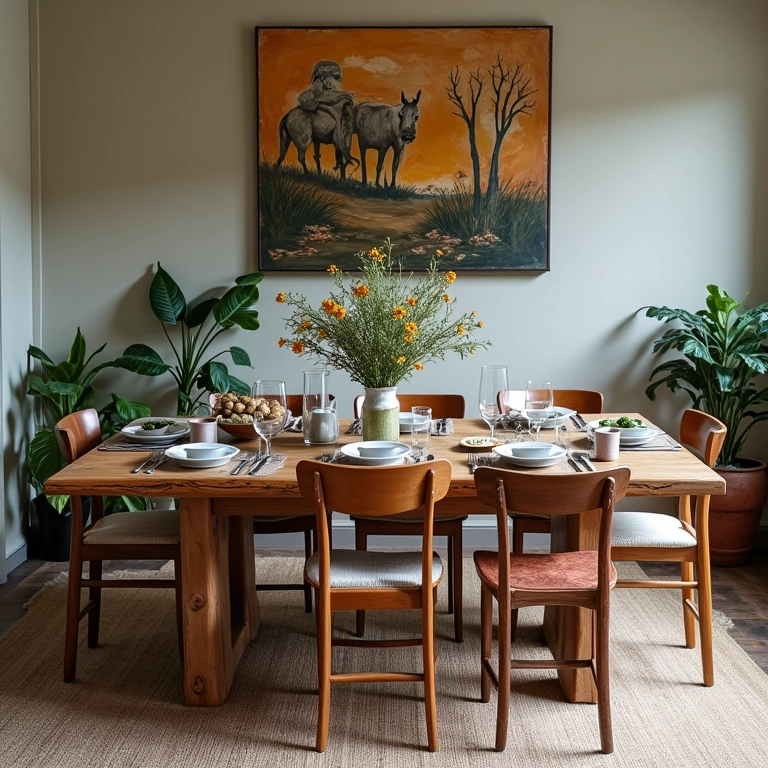 Móveis com história: mesa de jantar única de madeira de demolição com cadeiras diferentes.