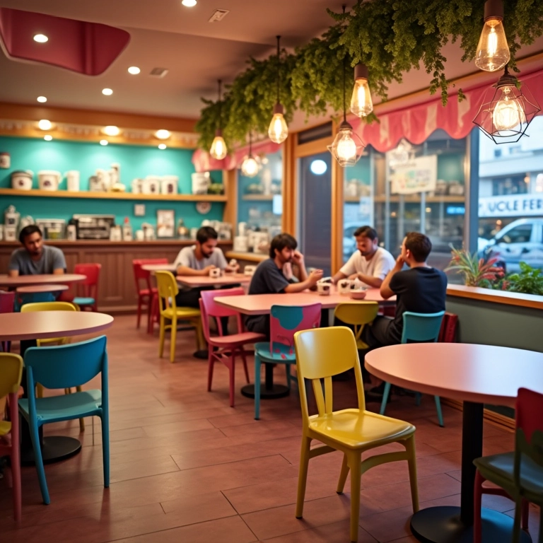 Móveis confortáveis e divertidos em uma sorveteria com design brasileiro.
