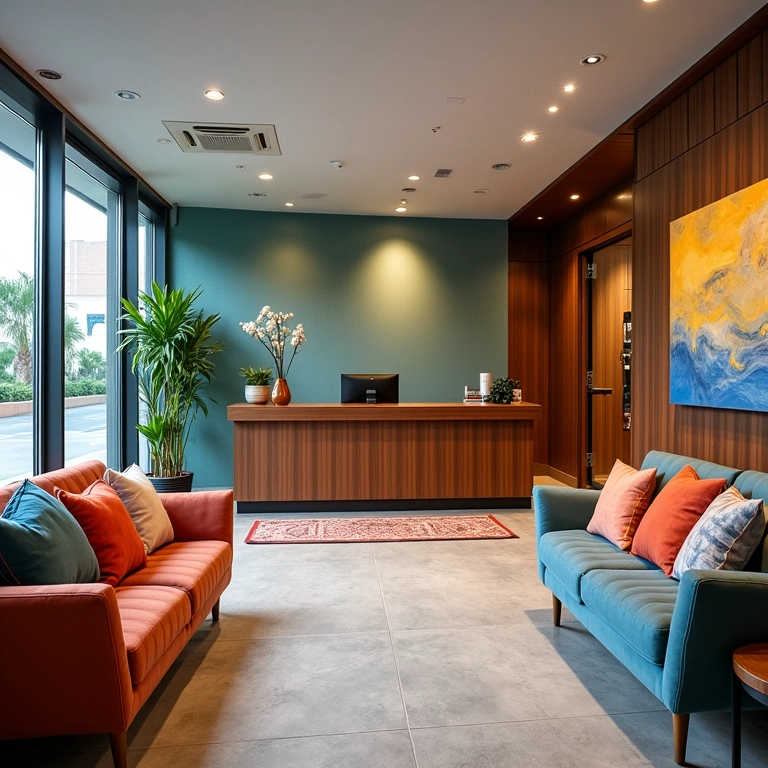 Móveis confortáveis e funcionais em agência de viagens.