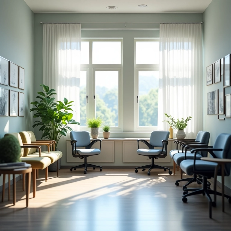 Móveis confortáveis em sala de espera de consultório.