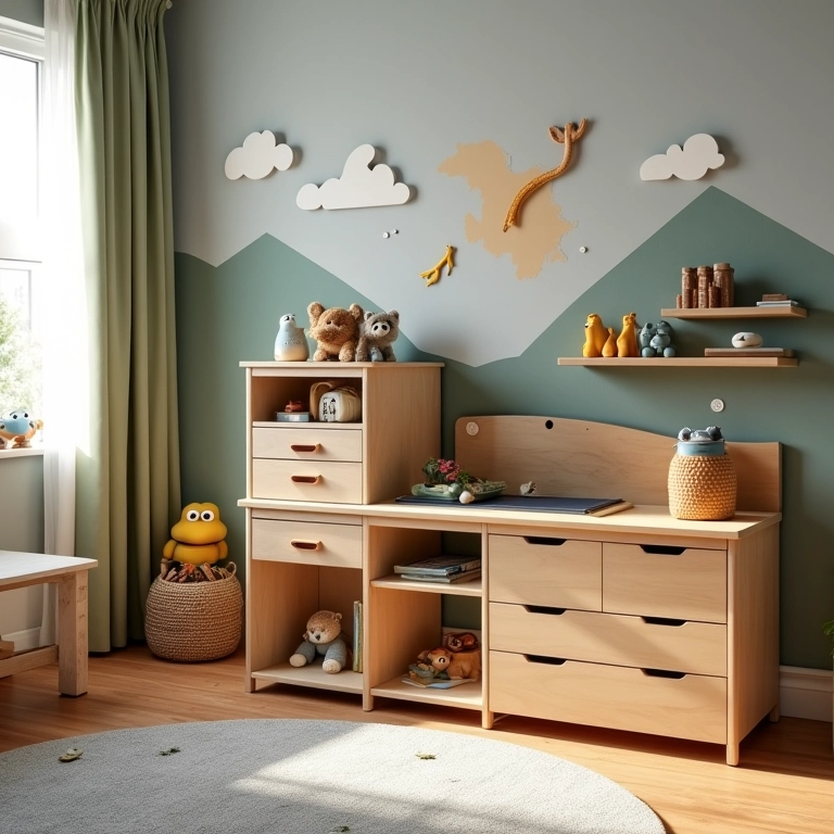 Móveis Montessorianos da Casatema em quarto infantil com tema de aventura.