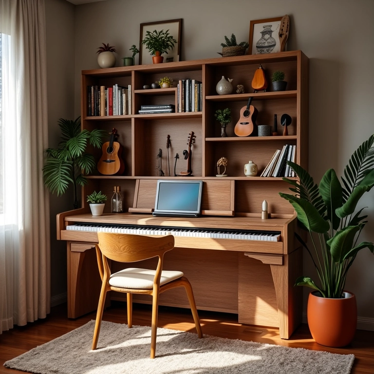 Móveis multifuncionais em sala de música otimizando espaço.