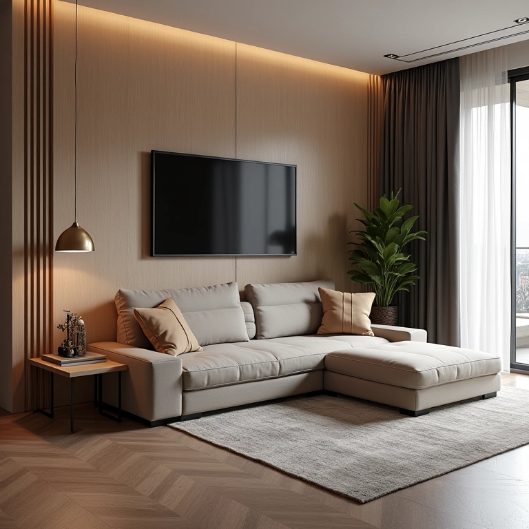 Móveis multifuncionais otimizando o espaço em uma sala de TV pequena.