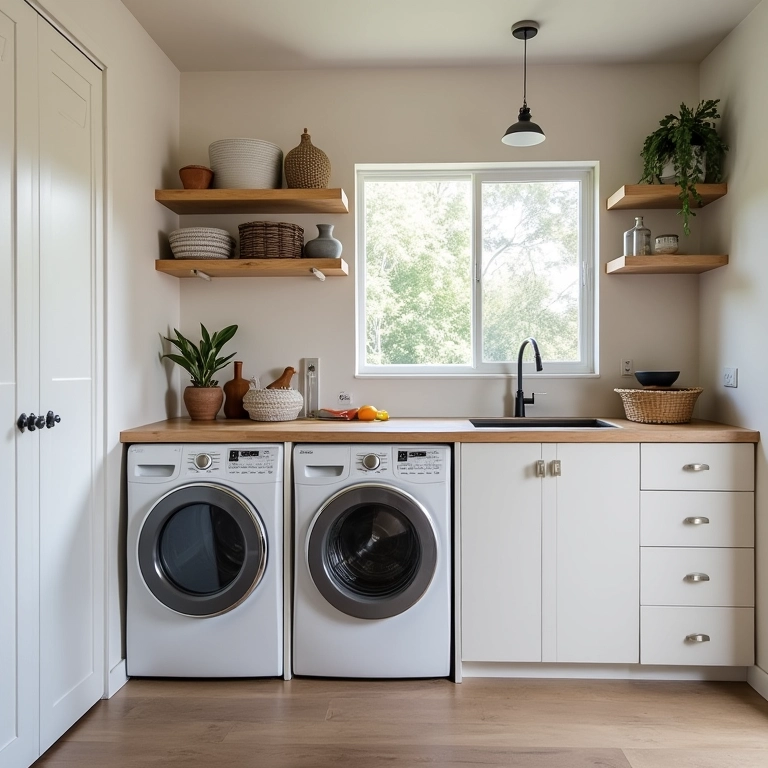 Móveis planejados como solução sob medida para uma lavanderia pequena.