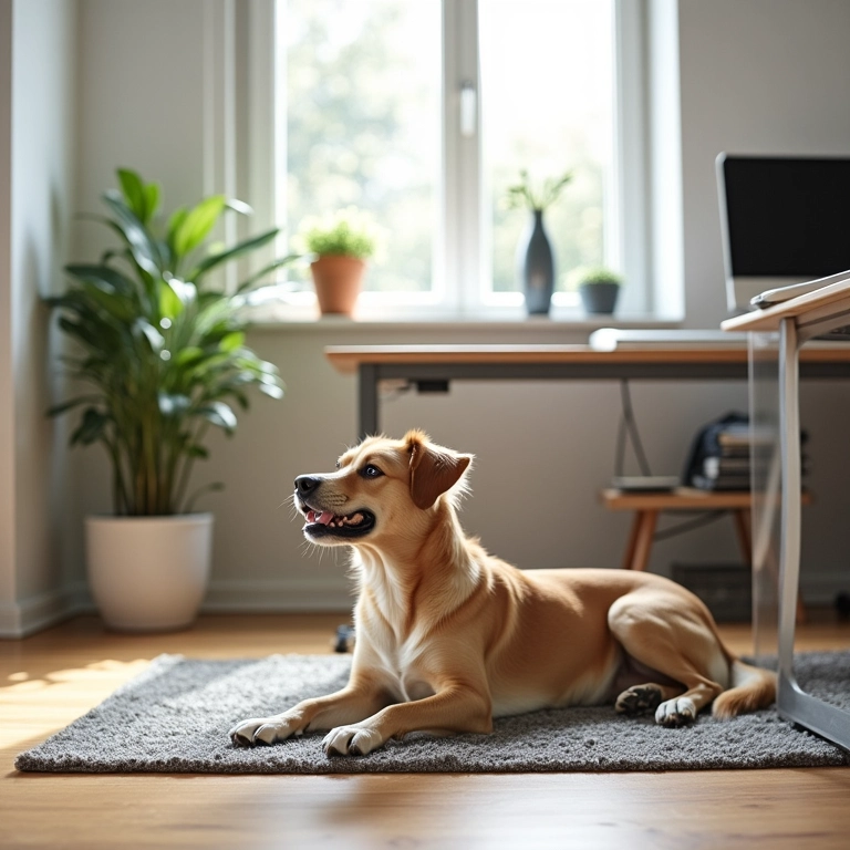 Móveis resistentes e fáceis de limpar em um escritório pet-friendly.