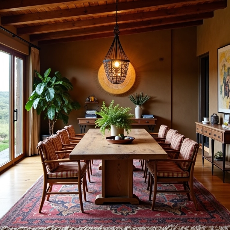 Móveis rústicos com design moderno em rancho: mesa de madeira e cadeiras contemporâneas com tecidos brasileiros.