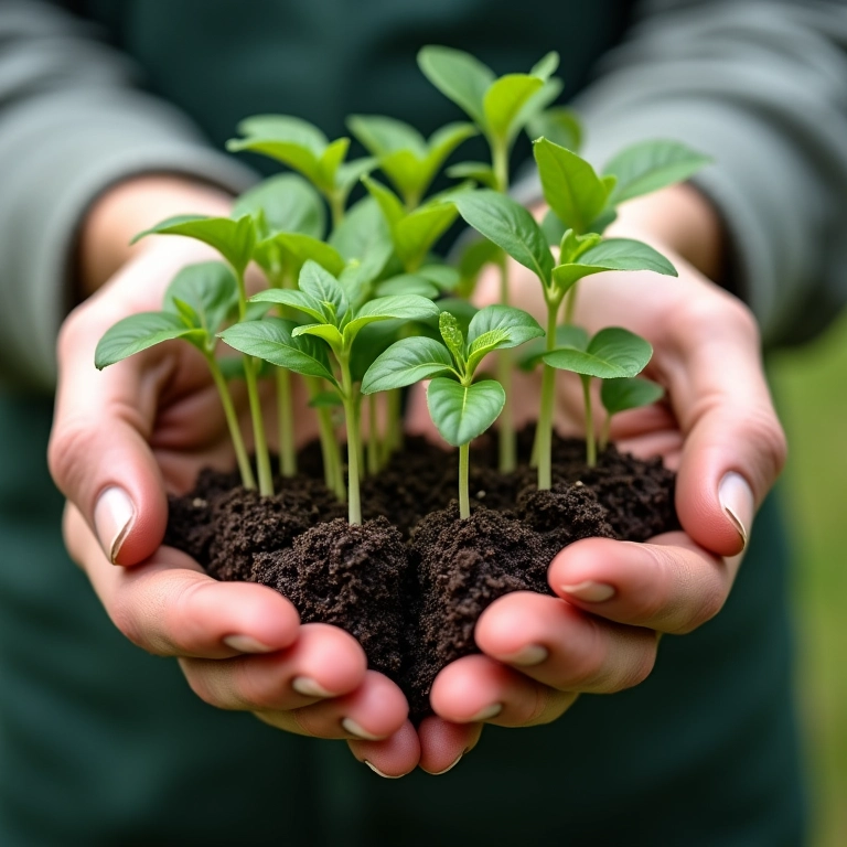 Mudas de hibisco de diferentes variedades sendo seguradas pelas mãos.