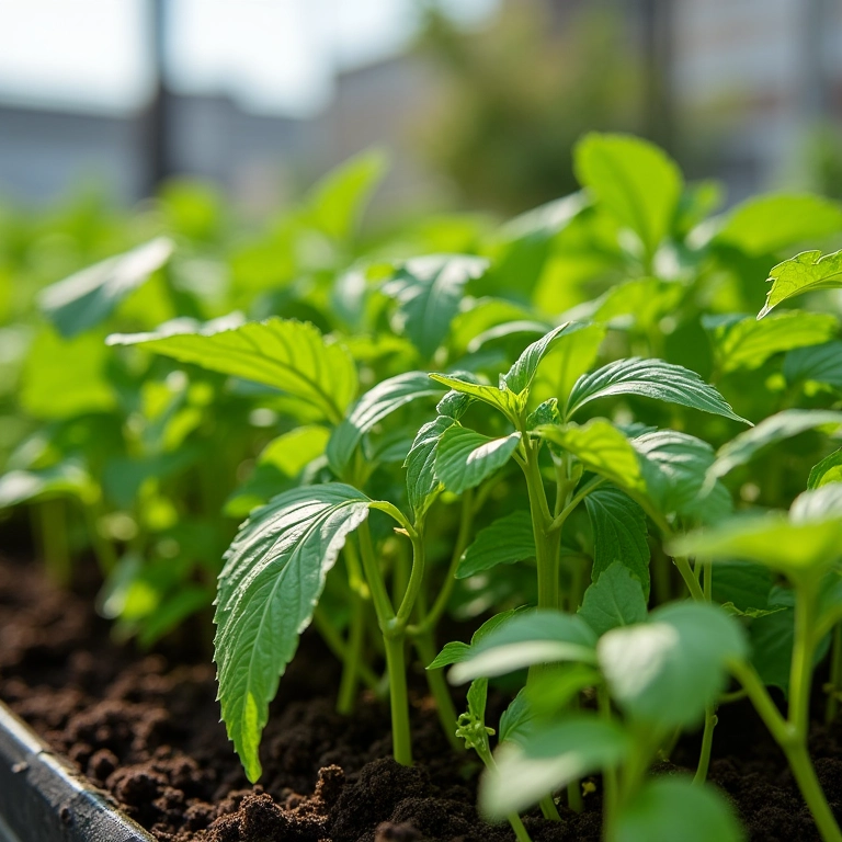 Mudas de hortaliças variadas em uma horta na laje.