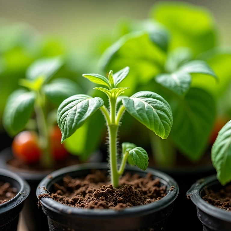 Mudas de tomate, manjericão e alface em pequenos vasos.