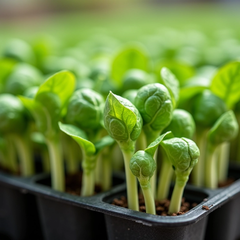 Mudas saudáveis de couve de Bruxelas em bandeja.