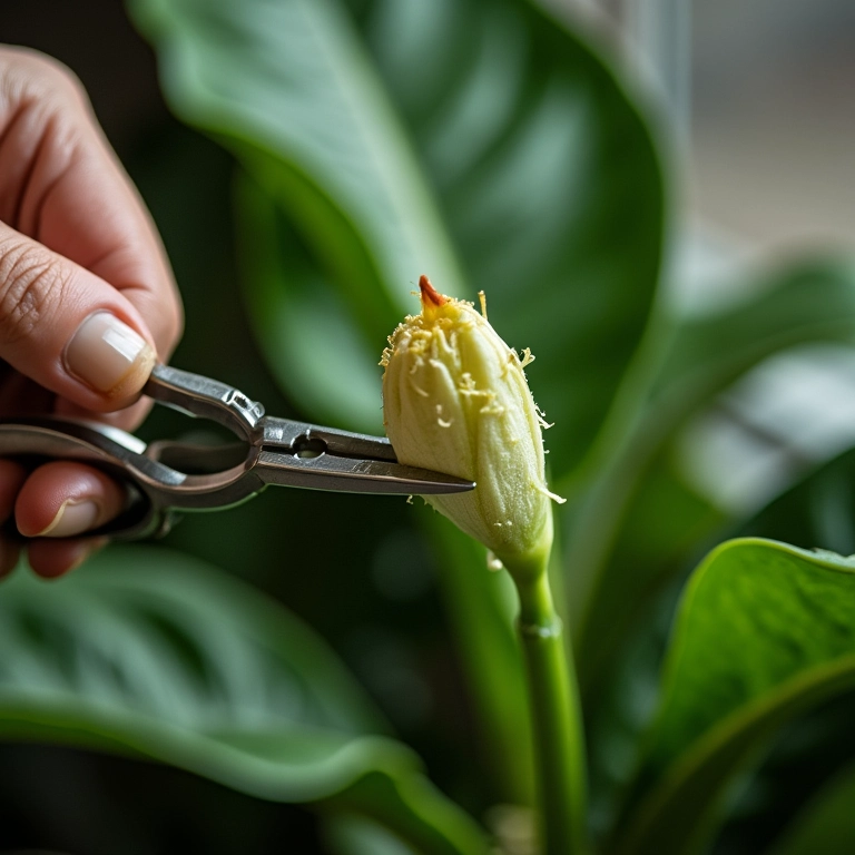 Mudinhas de antúrio sendo separadas da planta mãe com tesoura de jardinagem limpa.