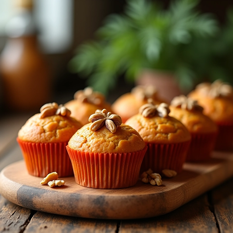 Muffins de cenoura com nozes crocantes dispostos em uma tábua de madeira.