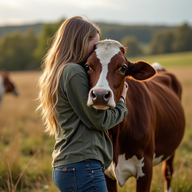 Mulher abraçando vaca resgatada, representando motivações veganas.