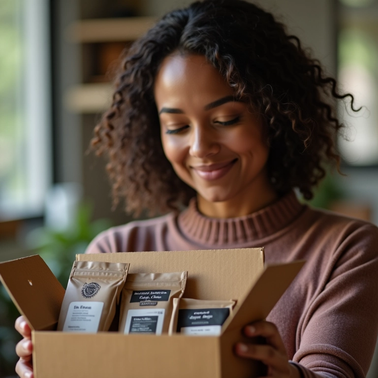Mulher abrindo caixa de clube de assinatura de café especial.