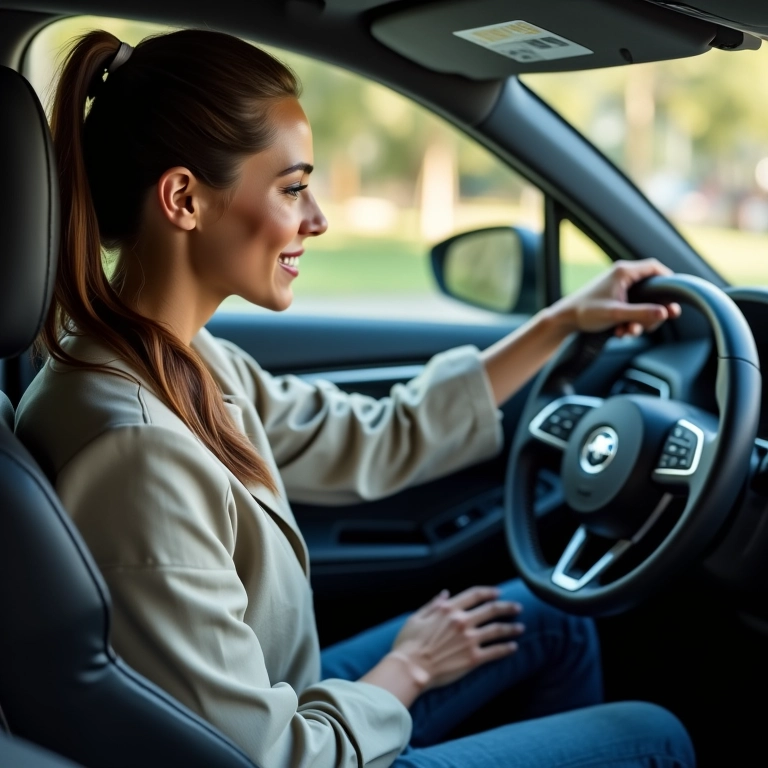 Mulher acionando o freio de mão eletrônico com facilidade.