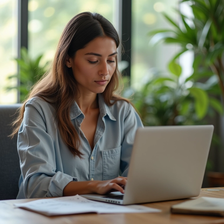 Mulher acompanha e rebalanceia sua carteira de investimentos.