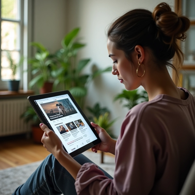 Mulher acompanhando o trabalho da ONU através de um tablet em um ambiente aconchegante.