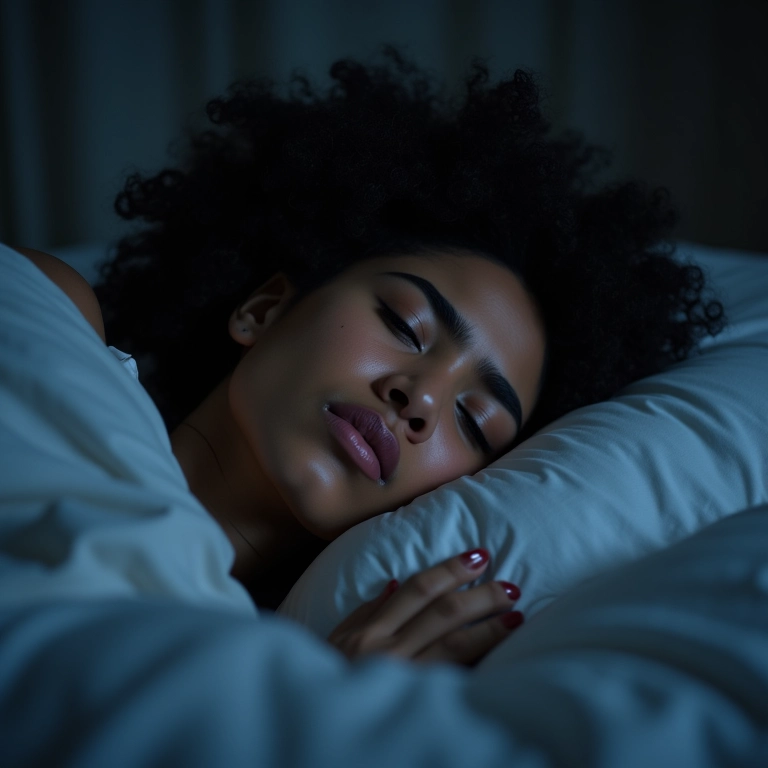 Mulher acordada na cama à noite, incapaz de dormir, refletindo mudanças no sono.