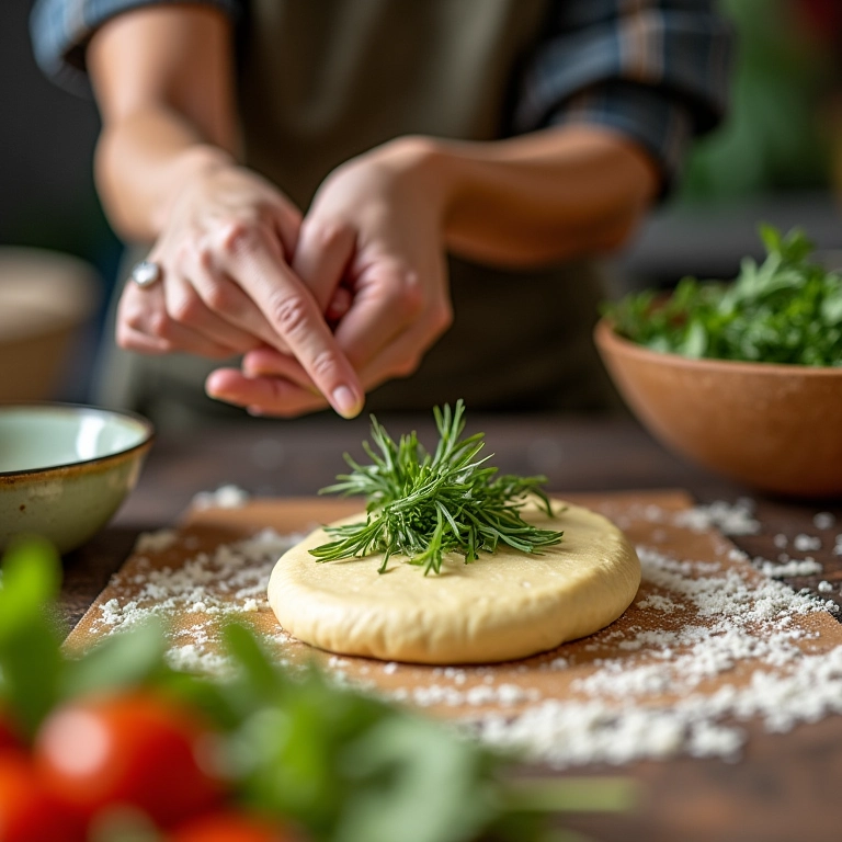 Mulher adicionando ervas à massa de pão sem glúten.