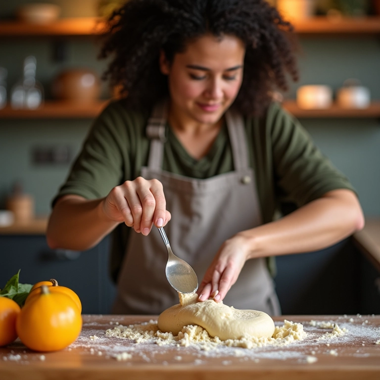 Mulher adicionando ingrediente secreto em massa de pão sem glúten.
