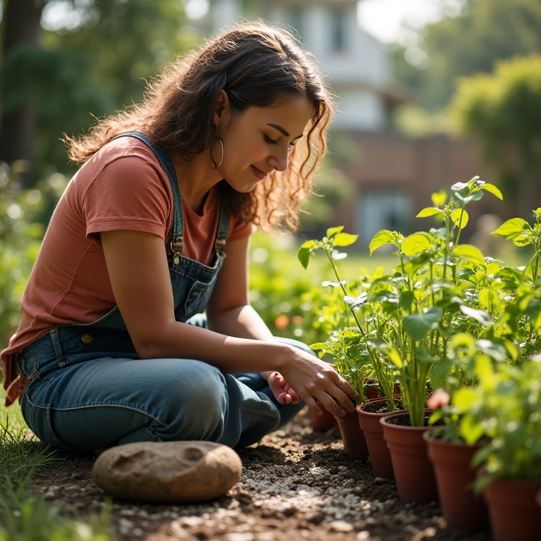 Mulher adicionando vermiculita a um vaso de planta.