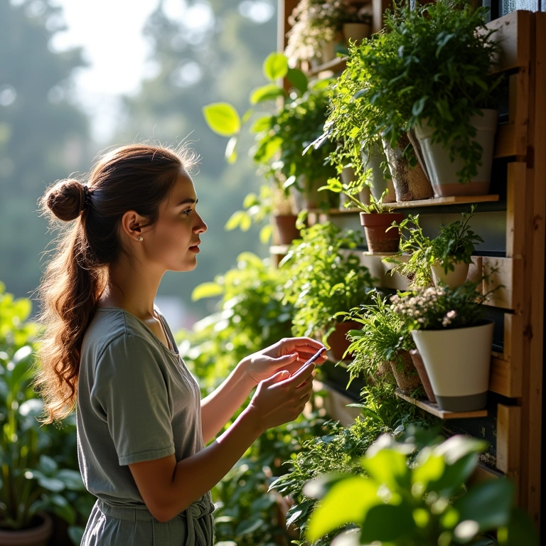 Mulher admira jardim vertical de pallet em varanda ensolarada.