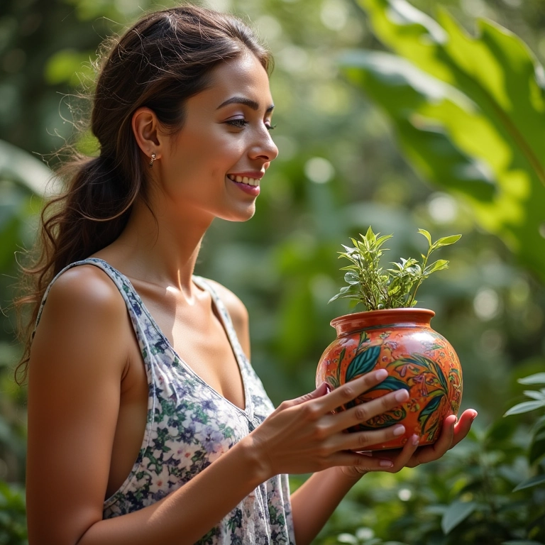 Mulher admira vaso de cerâmica floral pintado à mão em jardim brasileiro ensolarado.