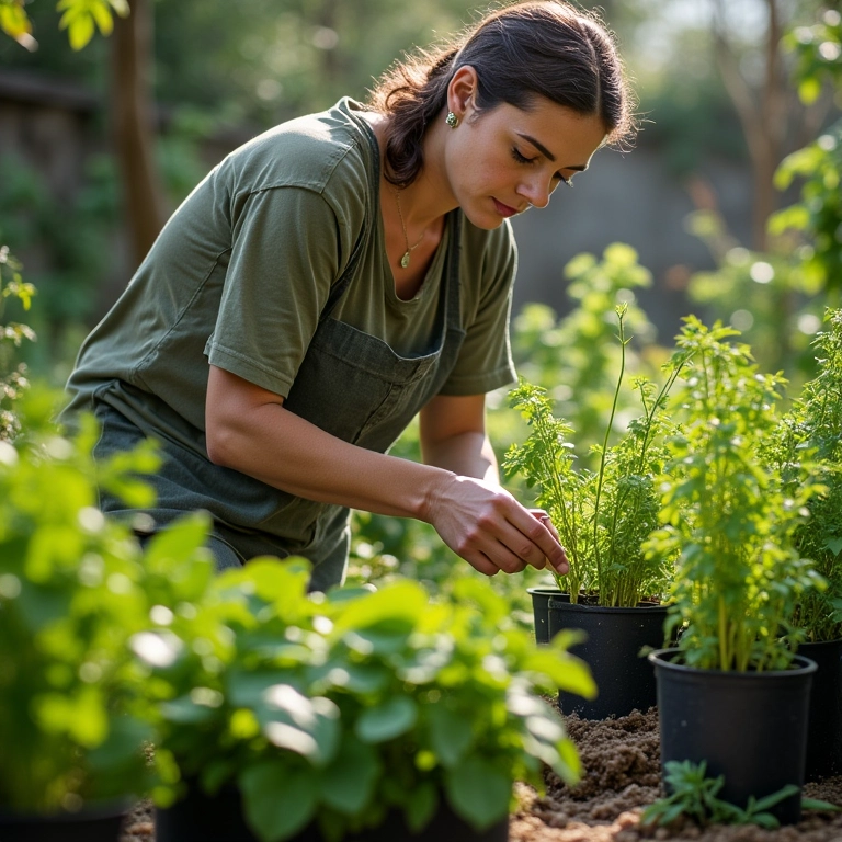 Mulher adubando ervas com fertilizante orgânico.
