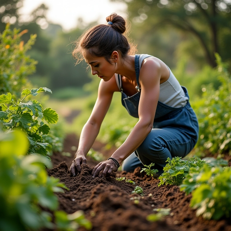 Mulher adubando horta com adubo orgânico.