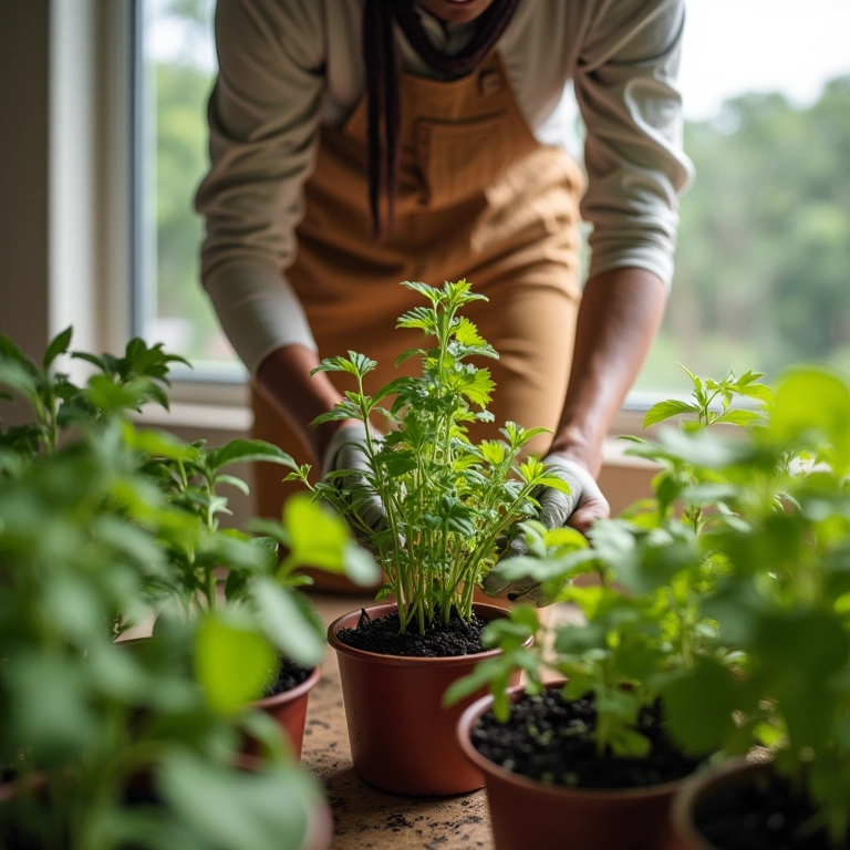 Mulher adubando os temperos em vasos.