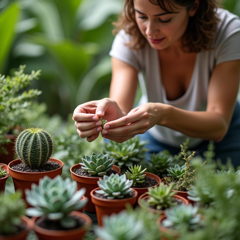Mulher adubando suculentas com fertilizante líquido.