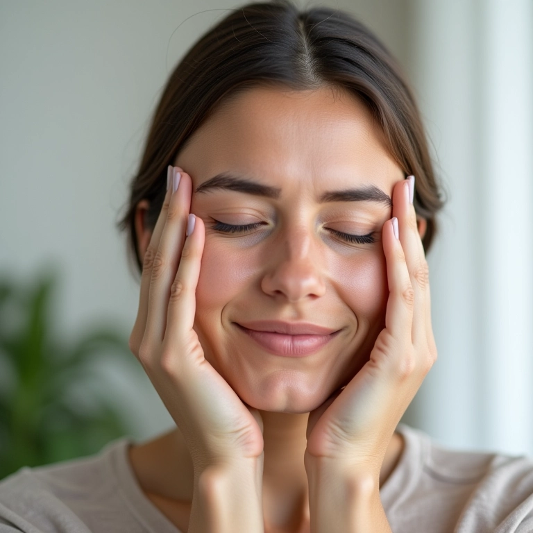 Mulher aliviando dor de cabeça com óleo essencial de hortelã-pimenta.