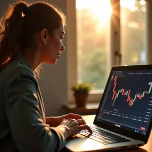 Mulher analisa gráficos financeiros em um laptop, sentindo-se confiante.