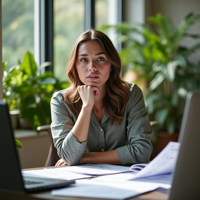Mulher analisa margens de lucro em escritório ensolarado com plantas.