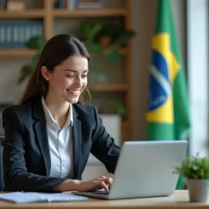 Mulher analisa opções de crédito BNDES em um laptop.