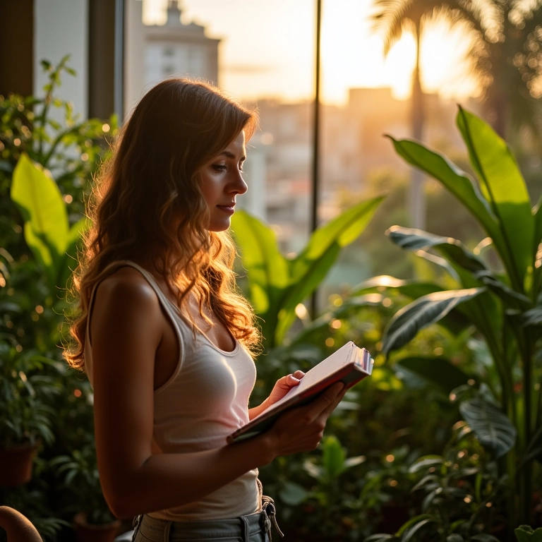 Mulher analisando a incidência solar na laje para planejar a horta.