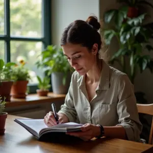 Mulher analisando caderno de planejamento financeiro em apartamento brasileiro aconchegante.