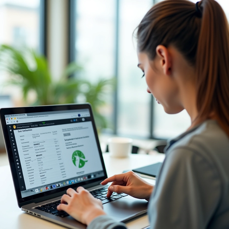 Mulher analisando certificações de sustentabilidade em site de agência de viagens.