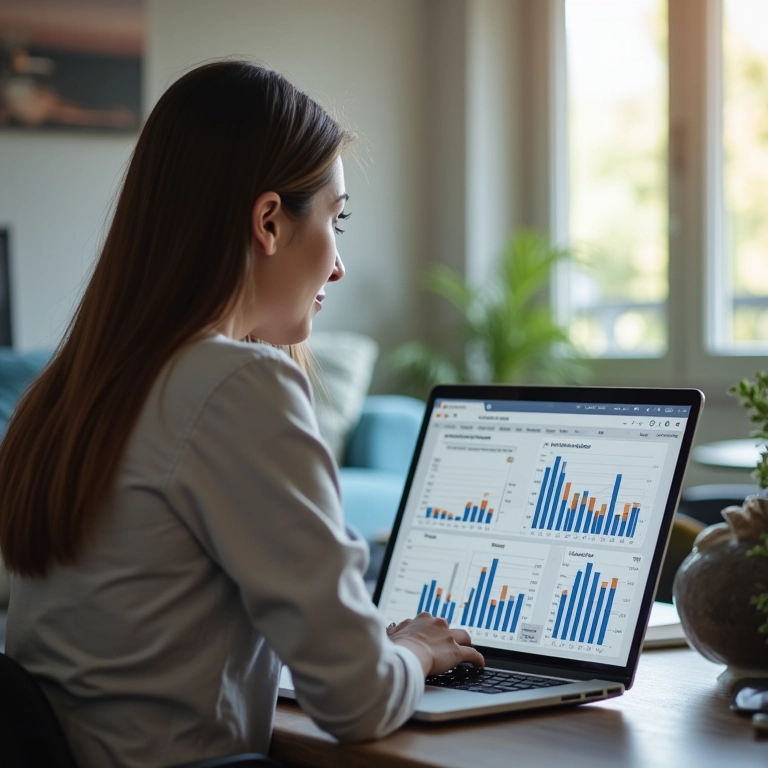 Mulher analisando dados financeiros em um laptop com gráficos e tabelas.