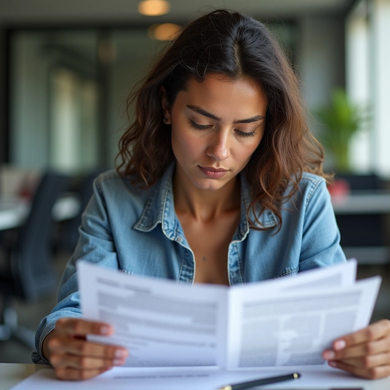 Mulher analisando documentos de licitação.