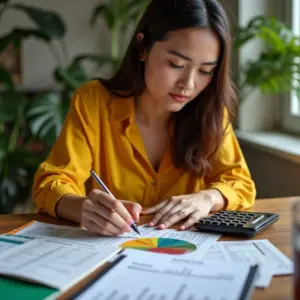 Mulher analisando finanças pessoais em mesa colorida com calculadora e planejador financeiro.