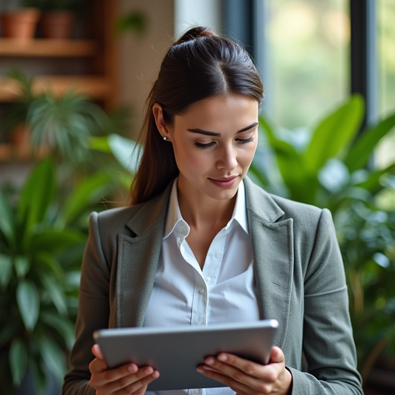 Mulher analisando gráfico de margem de lucro em tablet em escritório vibrante.