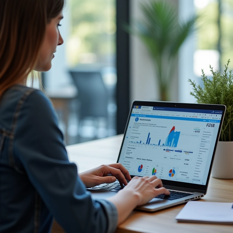 Mulher analisando métricas de anúncios do Facebook em um laptop.