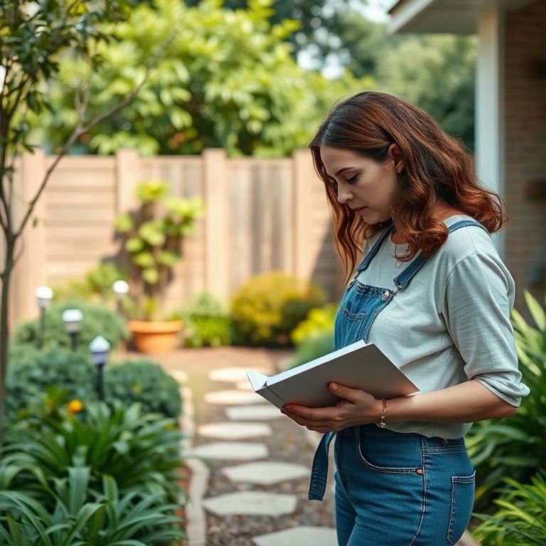 Mulher analisando o espaço disponível para um jardim pequeno na frente da casa.