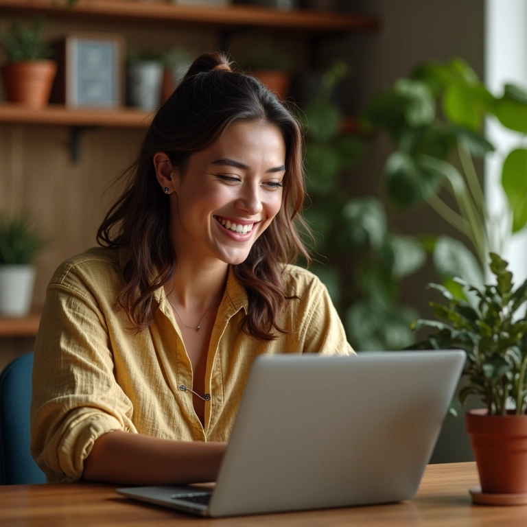 Mulher analisando opções de CNAE para tradutor e intérprete de Libras MEI no laptop.