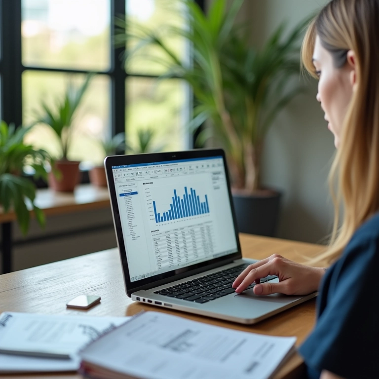 Mulher analisando planilha financeira simplificada.
