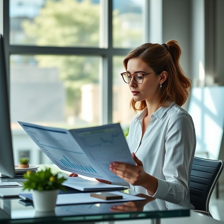 Mulher analisando relatórios financeiros em escritório.