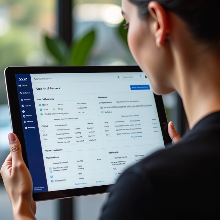Mulher analisando resultados de teste A/B no VWO em tablet.