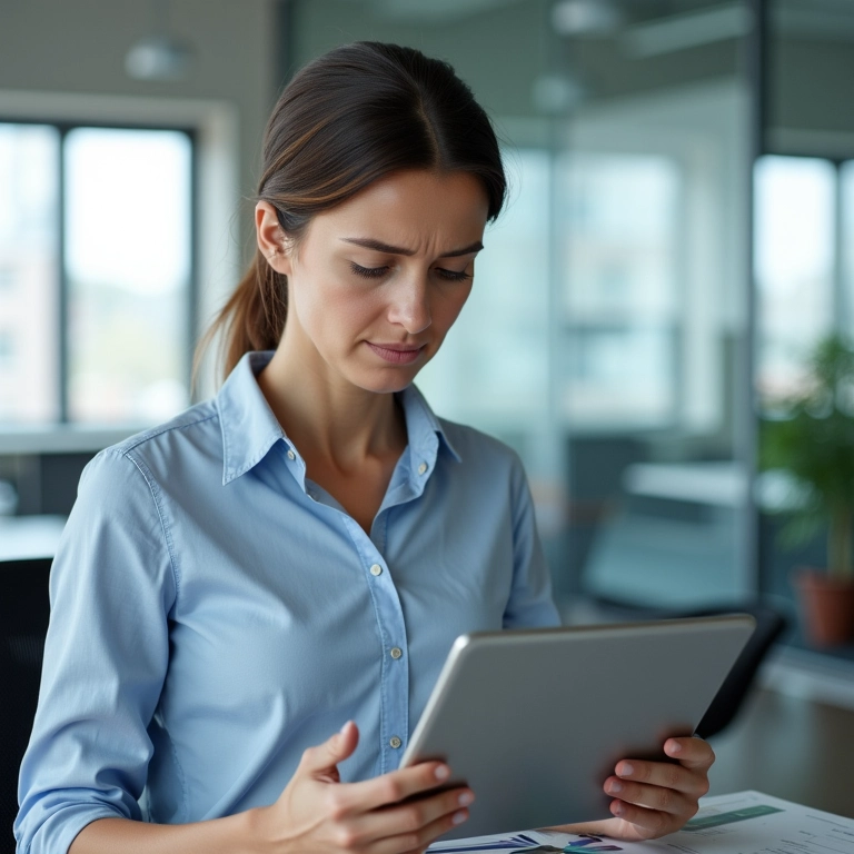 Mulher analisando resultados do fluxo de caixa em tablet com expressão pensativa.